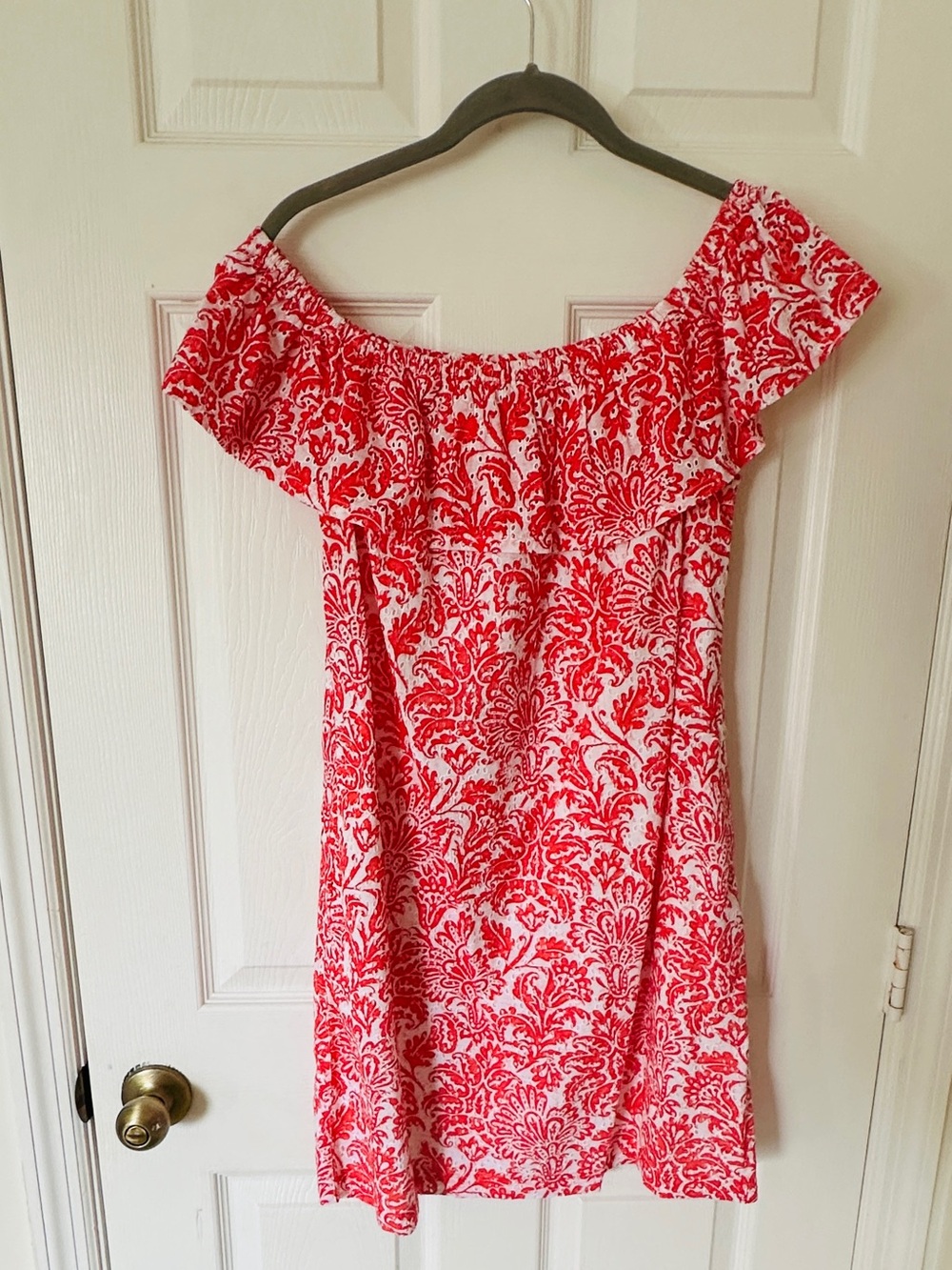 Tommy Bahama Off-Shoulder Red and White Printed Floral Summer Dress
